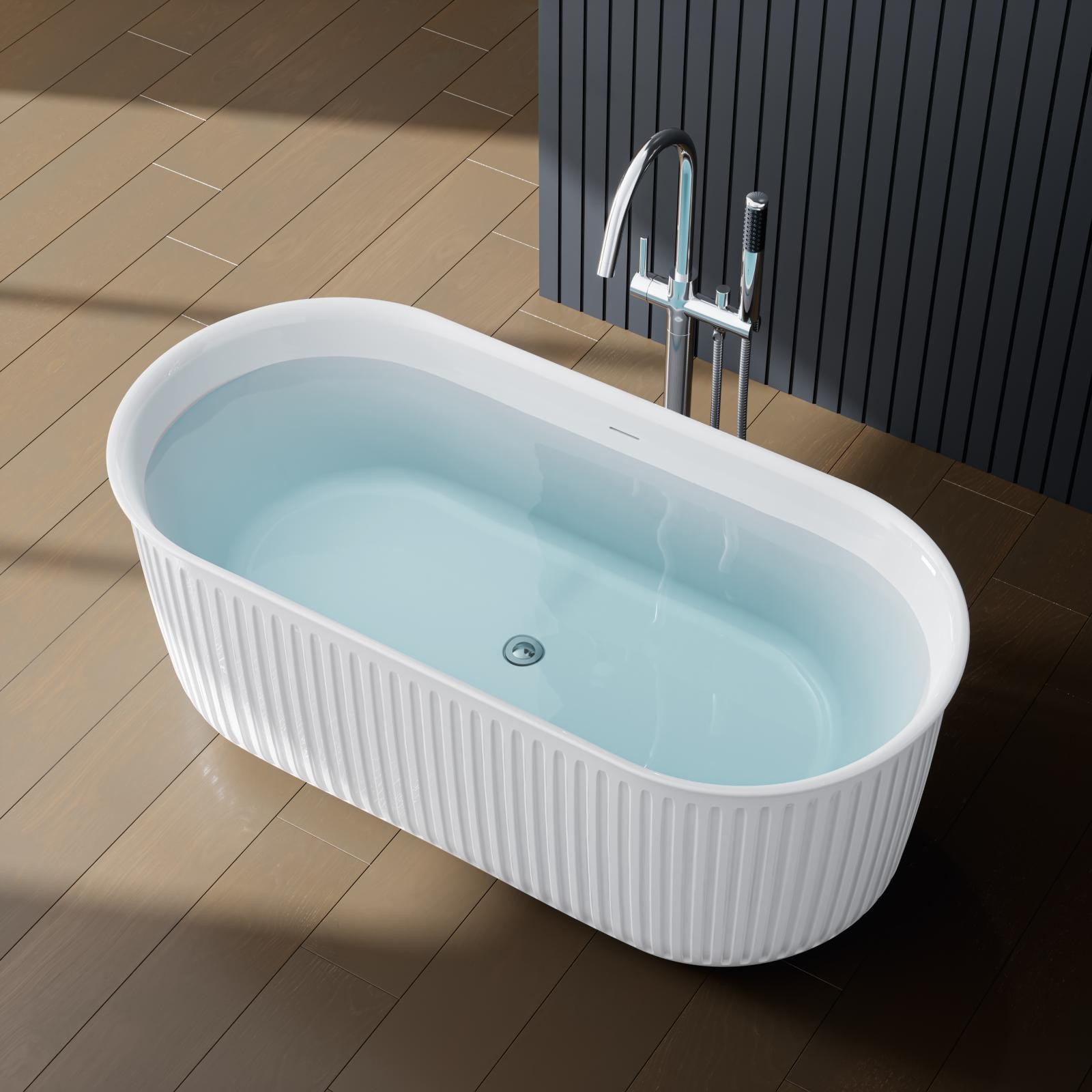 HOROW 59” Freestanding Bathtub Acrylic Deep Soaking Stripe Tub cUPC Certified